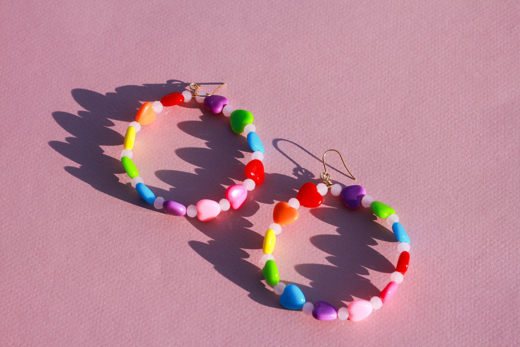 Rainbow Heart Hoops & Rose Quartz Beads